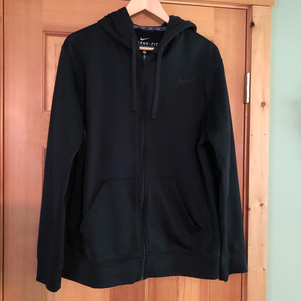 Nike Men’s front zip hooded sweatshirt, therma fit, size Large, black